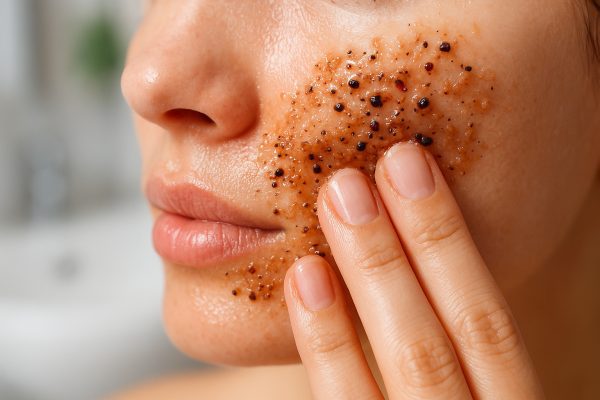 Macro shot of hand applying brown sugar and berry scrub to a cheek, granules and seeds in sharp focus.