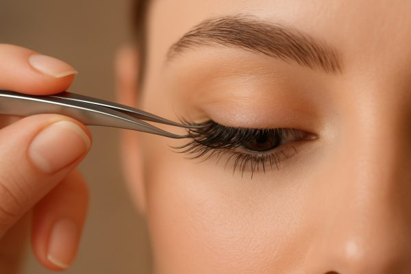 Closeup of tweezers precisely placing a false eyelash above mascara-coated natural lashes.