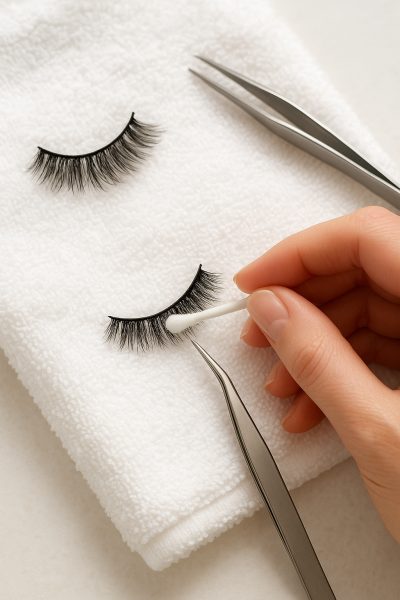 Overhead view of a lash being cleaned with a cotton swab and tweezers on a white towel in a spa-like setting.