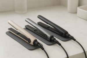 Three distinct flat irons\u2014ceramic, titanium, tourmaline\u2014lined up on marble vanity, plates and dials visible.