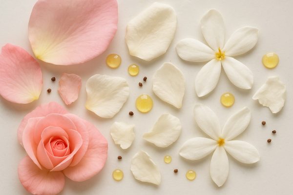 Macro shot of rose, gardenia, jasmine petals, musk grains, and oil on a white tray.