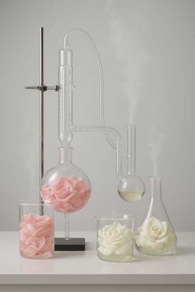Glass laboratory apparatus with rose and gardenia petals, vapor swirling in a clean lab.