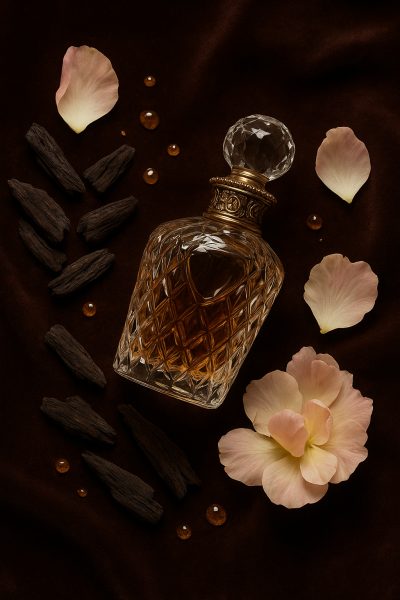 Crystal perfume bottle, oud wood chips, essential oil drops, and pastel petals on velvet.