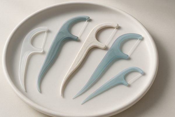 Contemporary floss picks with advanced ergonomic handles displayed on a white dish.