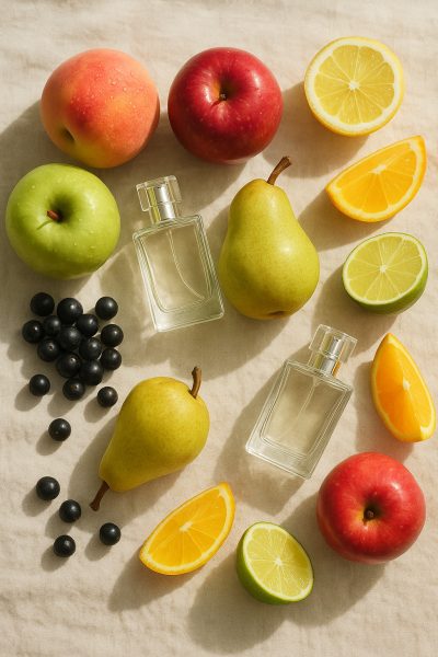 Flat lay of peaches, apples, pears, blackcurrants, and citrus artfully arranged with glass perfume bottles on soft linen.