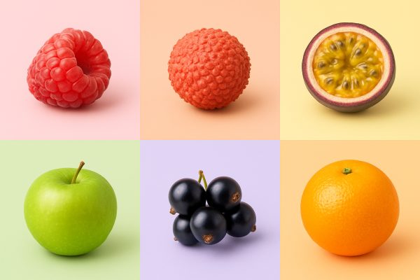 Grid of raspberry, lychee, passionfruit, apple, blackcurrant, and orange, each on pastel backgrounds.