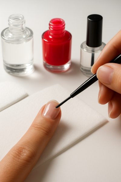 Close-up of a single nail being coated with gel base, surrounded by open polish bottles and a lint-free pad.