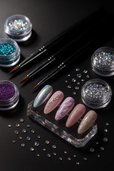 Artisan nail art setup with brushes, glitter, rhinestones, and decorated tips on a clear stand.