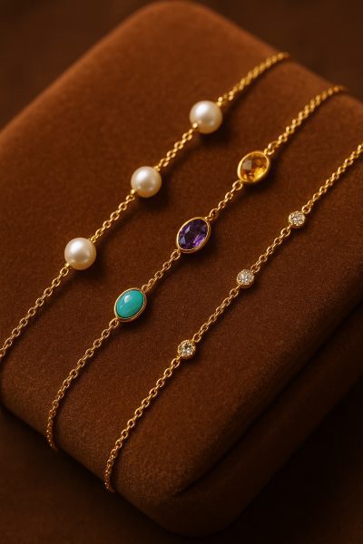 Three gold anklets with pearls, colorful gems, and diamonds set on plush velvet.