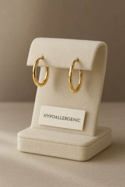 Petite oval and round 14K gold hoops for sensitive ears on an ivory velvet stand with hypoallergenic tag.