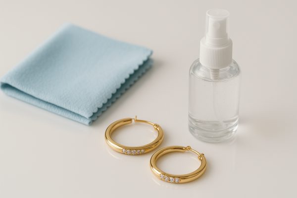 Gemstone-accented gold hoops, blue cleaning cloth, and glass spray bottle on a glossy white surface.