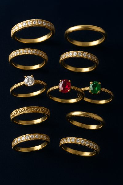 Assorted gold rings with diamonds and colorful gemstones displayed on navy velvet.