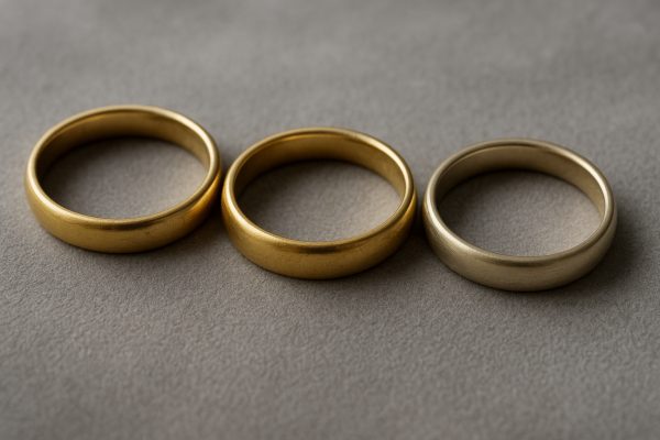 Macro of three gold rings in different alloys and subtle finishes on grey suede.