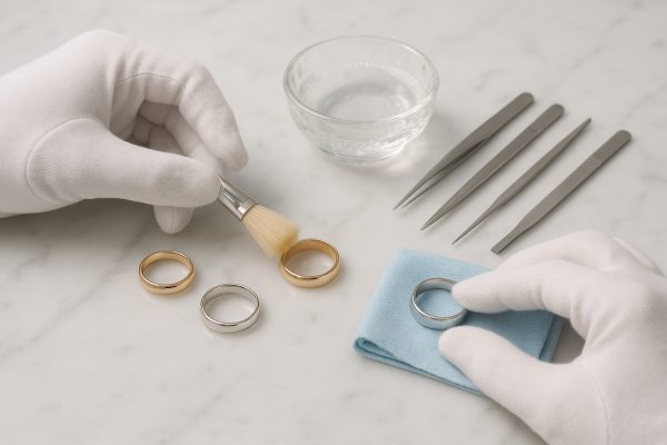 Gloved hands cleaning rings with a brush and cloth on marble with cleaning tools.
