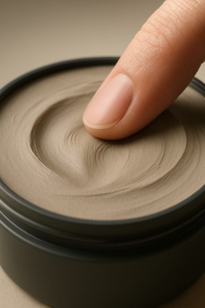 Extreme macro of fingers pressing into matte hair clay in an open jar, showing creamy, velvety texture.