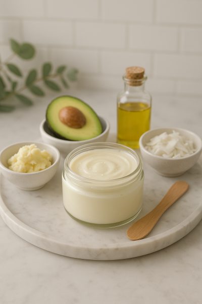 Open jar of creamy conditioner with natural oils and butters on a marble vanity, eucalyptus in background.