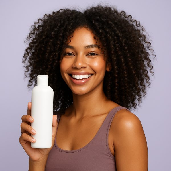 Confident woman with defined, shiny curls holds a plain conditioner bottle against soft lavender background.