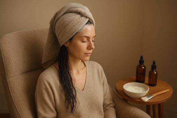 Woman receives a deep conditioning mask, hair wrapped in a towel, at home spa with oils and mask bowl.