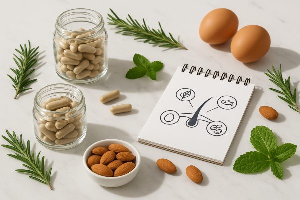 Minimalist display of men's hair growth supplements, herbs, and biotin-rich foods on marble in a sunlit scientific setting.