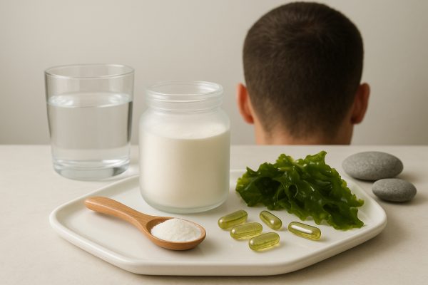 Collagen powder, marine capsules, seaweed, and a water glass on a ceramic tray for scalp wellness.