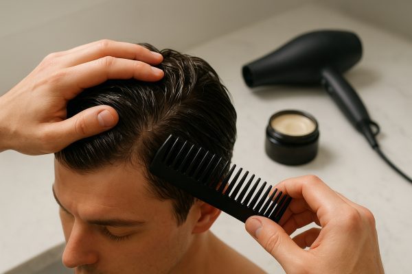 Hands working pomade into hair with a comb, with hairdryer and product jar blurred in a modern, minimal bathroom.