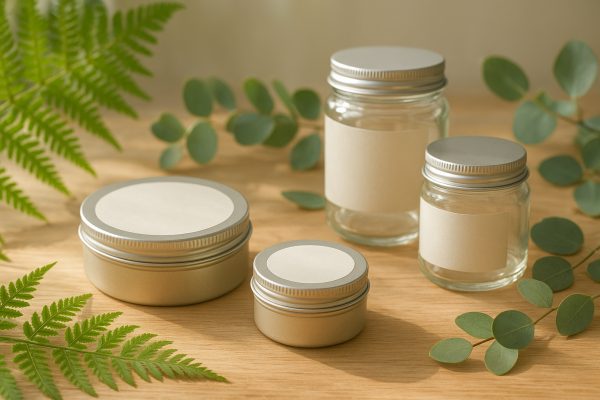 Eco-friendly pomade tins and glass jars among ferns and eucalyptus, in natural sunlight on a wooden surface.