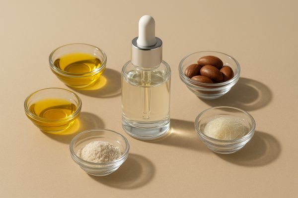 A premium glass hair serum bottle and dropper surrounded by glass bowls of natural oils and protein elements on a sand-colored surface.