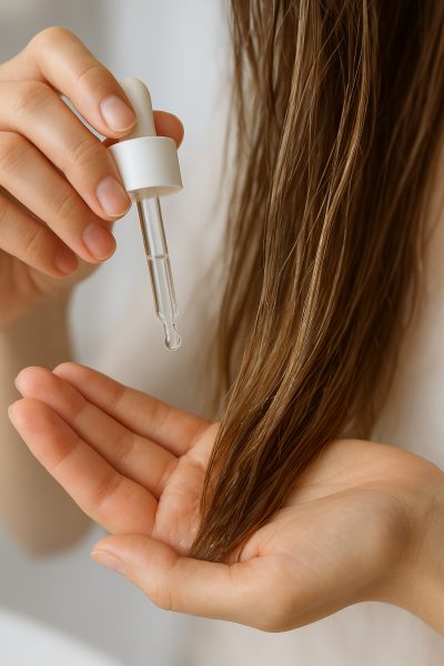 Step-by-step close-ups of hair serum being dispensed and applied to damp hair, focusing on texture and even application.