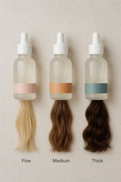 Flat lay of three distinct hair serum bottles for different hair types, each paired with a visually matching hair swatch on a pale stone surface.