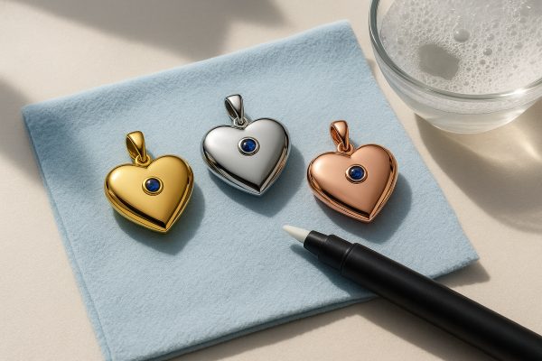 Gold, silver, and gemstone heart lockets on a microfiber cloth, with cleaning pen and bowl of soapy water.