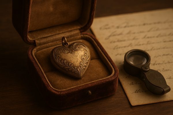 Ornate vintage heart locket in a velvet jewelry box, with loupe and handwritten authentication letter.
