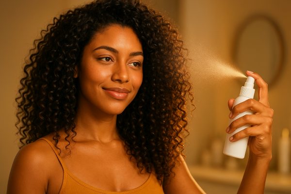 Woman with healthy, bouncy curls spraying heat protectant with visible mist in a softly lit vanity setting.
