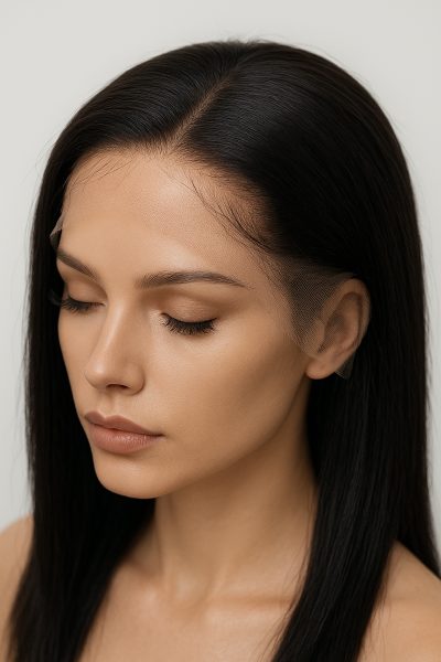 "Macro image of a premium lace front wig on a mannequin, emphasizing seamless lace and cap structure.