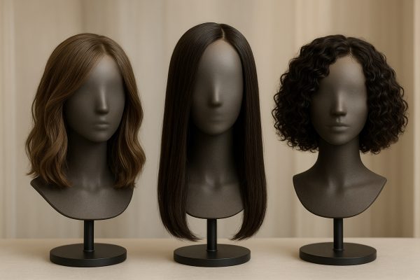 Three premium wigs on stands, each displaying different density, texture, and length.
