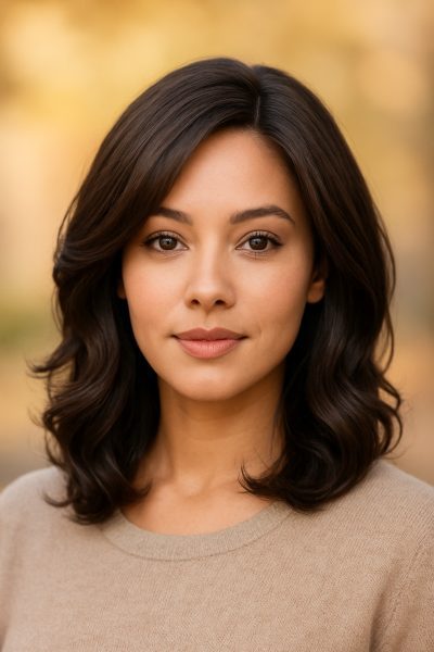 Woman with an oval face and softly layered wig, lace front invisible, warm blurred background.