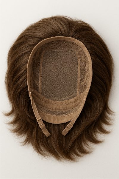 Overhead detail of inside-out human hair wig, showing monofilament top and comfort features.