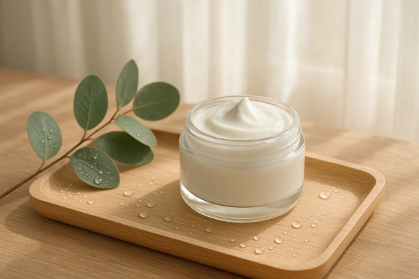 A luxurious glass jar of creamy hydrating moisturizer on a wooden tray with eucalyptus leaves and dew under soft morning sunlight.