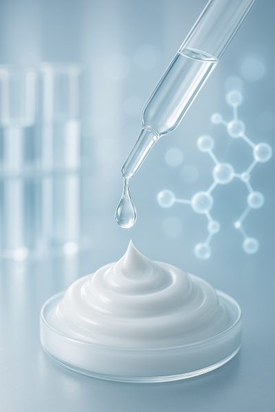A dropper releases a single droplet onto moisturizer, with glowing molecular designs and lab glassware in the background.