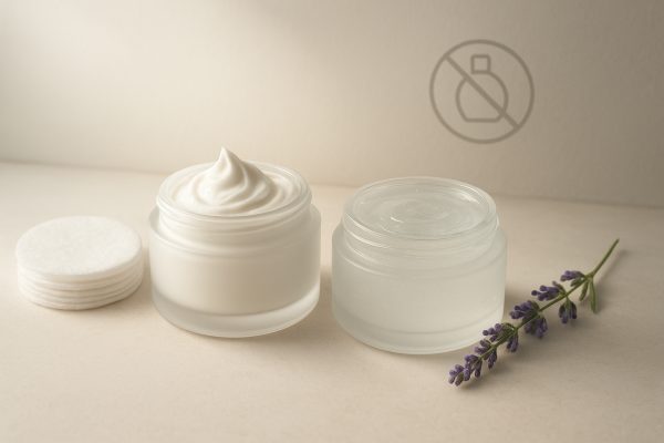 Two open jars, one with whipped cream and one with gel, alongside cotton pads and lavender on a sunlit vanity.