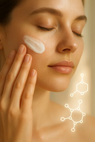 A hand applies moisturizer to a model\u2019s cheek, with glowing skin and subtle molecular icons in the soft background.