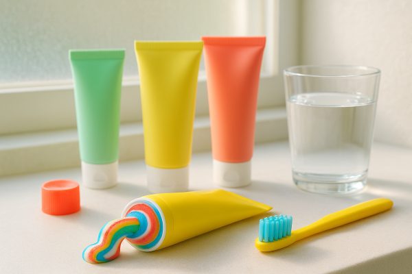 A neat arrangement of kids toothpaste tubes, one cut open to show a swirl, a toothbrush, and water on a sunlit bathroom counter.