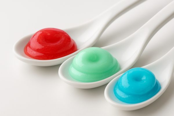Three colorful toothpaste samples on ceramic spoons, arranged for clear contrast and appeal.