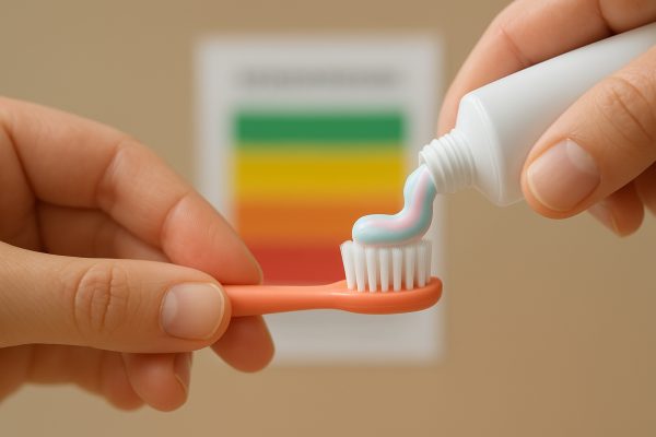 A parent's hand applies a pea-sized amount of pastel toothpaste to a child's toothbrush with a blurred chart in the background.