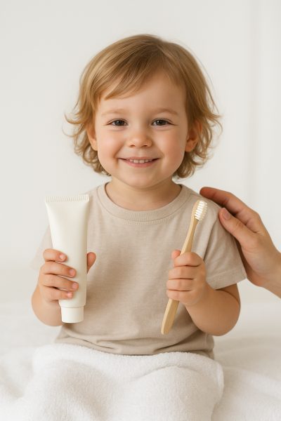 A smiling child with hypoallergenic toothpaste and a soft toothbrush, supported by a parent in a soft, clean setting.