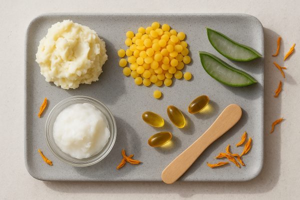Flat lay featuring shea butter, beeswax, coconut oil, and vitamin E capsules on a stone tray with marigold petals and aloe vera slices.