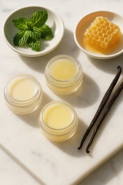 Three open lip balm pots with different textures, surrounded by bowls of mint, honeycomb, and vanilla pods on a marble slab.