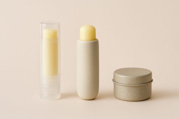 Three types of lip balm packaging\u2014transparent tube, matte oval stick, and metal tin\u2014on a pastel background.