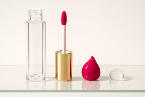 Deconstructed lip gloss tube with gold applicator, vivid pigment, and clear base on reflective glass.