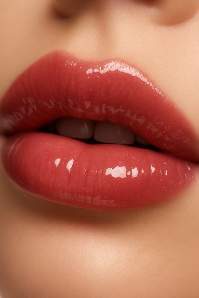 Macro shot of lips with deep rose gloss, mirror shine, and flawless texture.