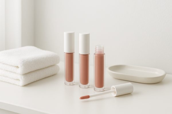 Minimalist vanity with upright gloss tubes, open tube, towel, and ceramic tray.